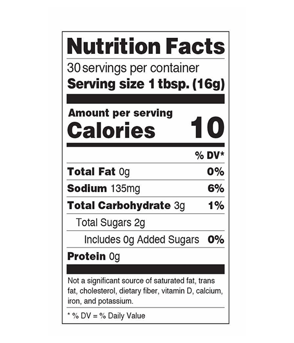 True Made Foods, Veggie Ketchup w/ no sugar added, Tabla Nutrimental