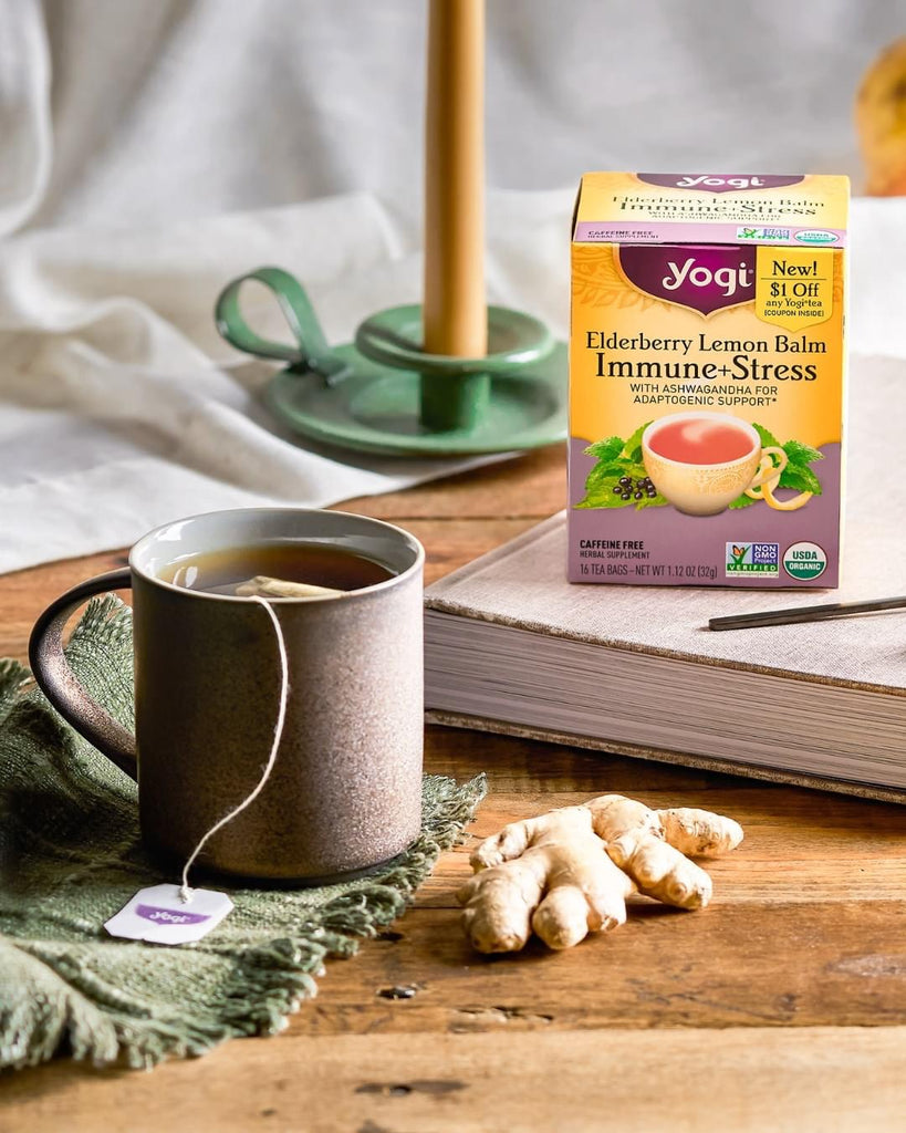Yogi, Immune+Stress Elderberry Lemon Balm, Sauco con Ashwagandha, 16 sobres