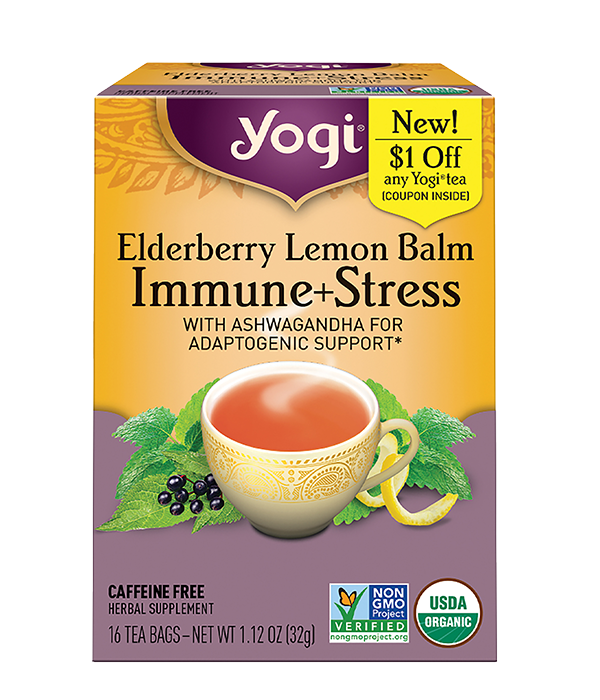 Yogi, Immune+Stress Elderberry Lemon Balm, Sauco con Ashwagandha, 16 sobres